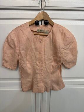 Liz Claiborne Peach Short-Sleeve Linen Button Blouse Peplum Vintage size 8